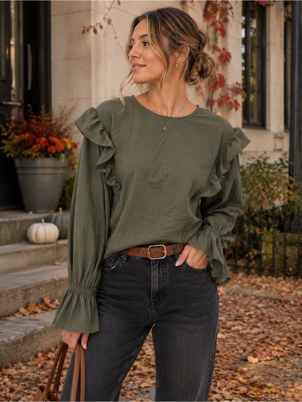Prologue Olive Green Ruffle Sleeve Blouse Size S | Statement Sleeves